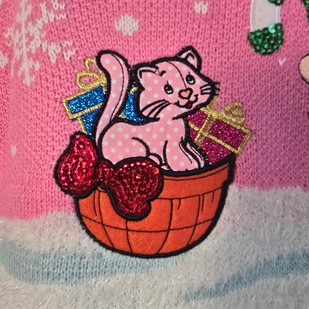 NWOT - Strawberry Shortcake Pink Christmas Sweater Vest Sequin Snowflake Fuzzy M - Picture 2 of 10